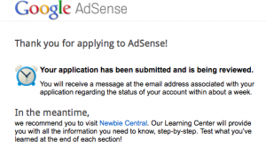 Google AdSense application submitted screen